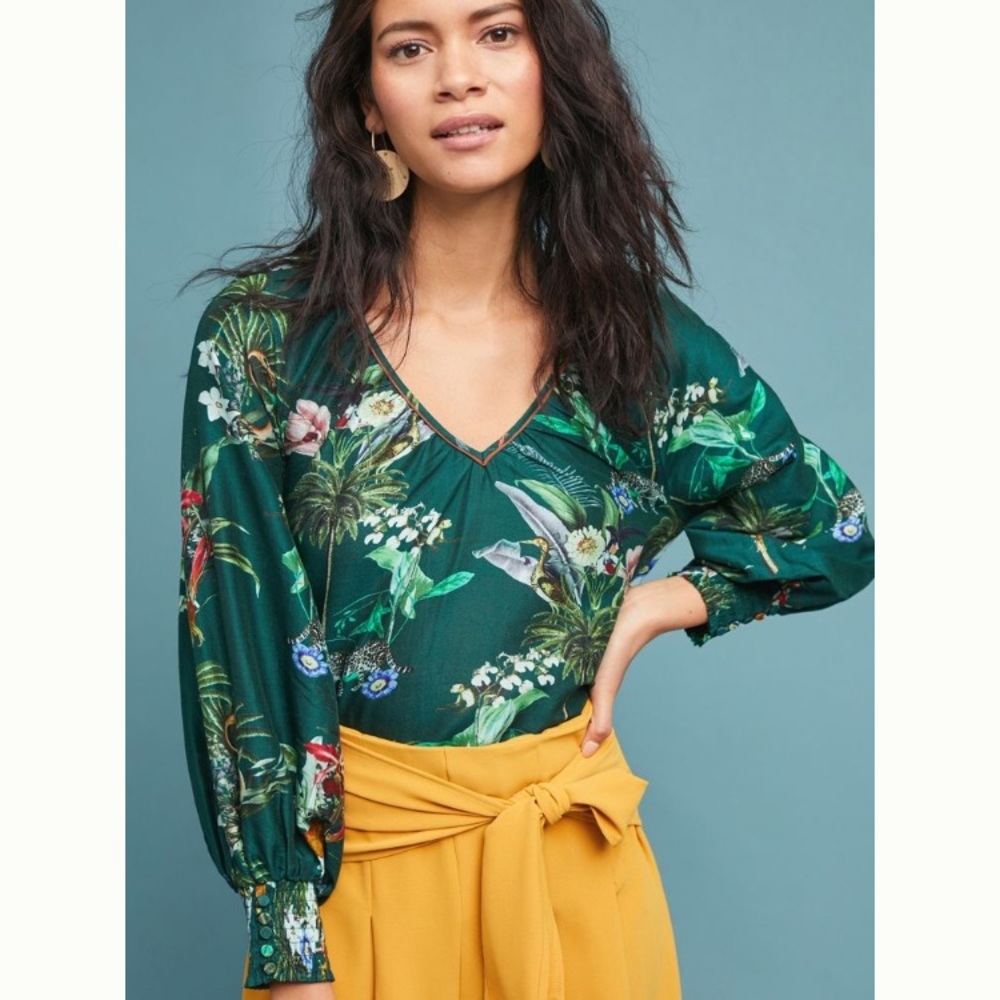 🦄NWT Anthropologie Vineet Bahl Tropical Blouse M Green